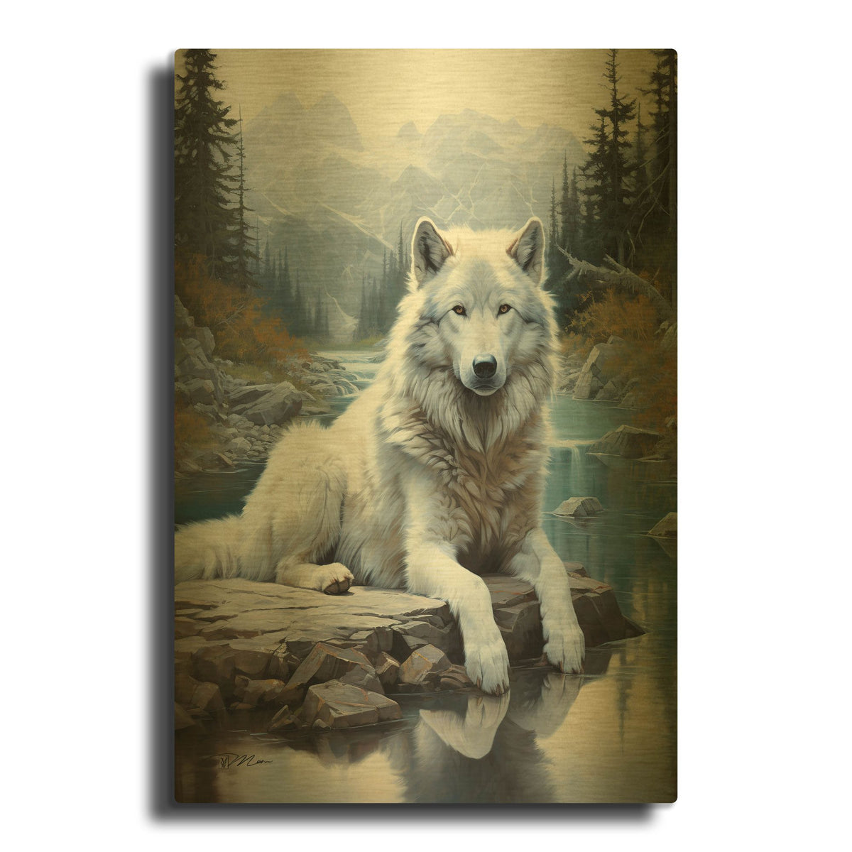 'White Wolf Among The Ice' By Momart Gold Metal Wall Art