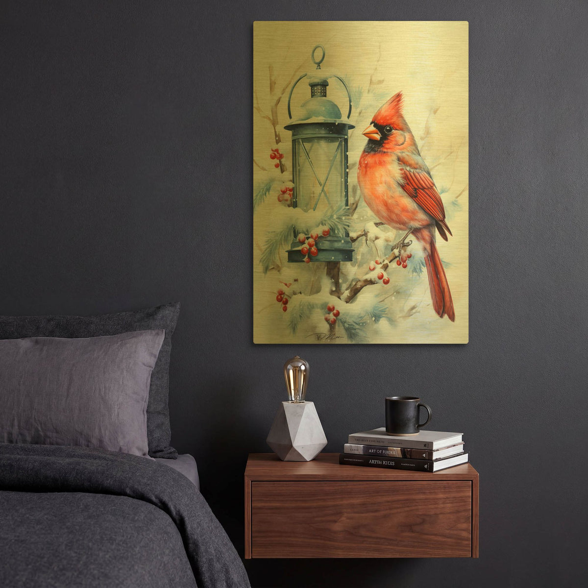 'Winter Lanterns With Birds 3' By Momart Gold Metal Wall Art