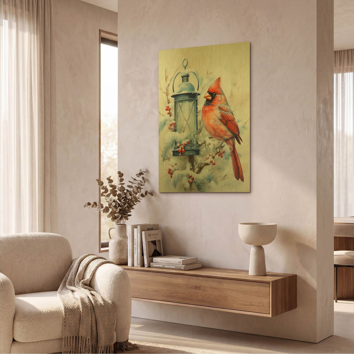 'Winter Lanterns With Birds 3' By Momart Gold Metal Wall Art