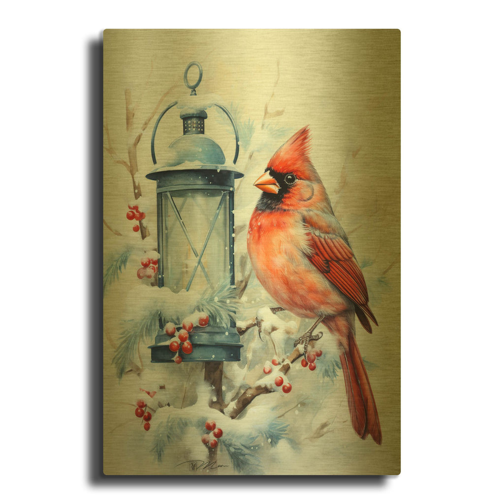 'Winter Lanterns With Birds 3' By Momart Gold Metal Wall Art