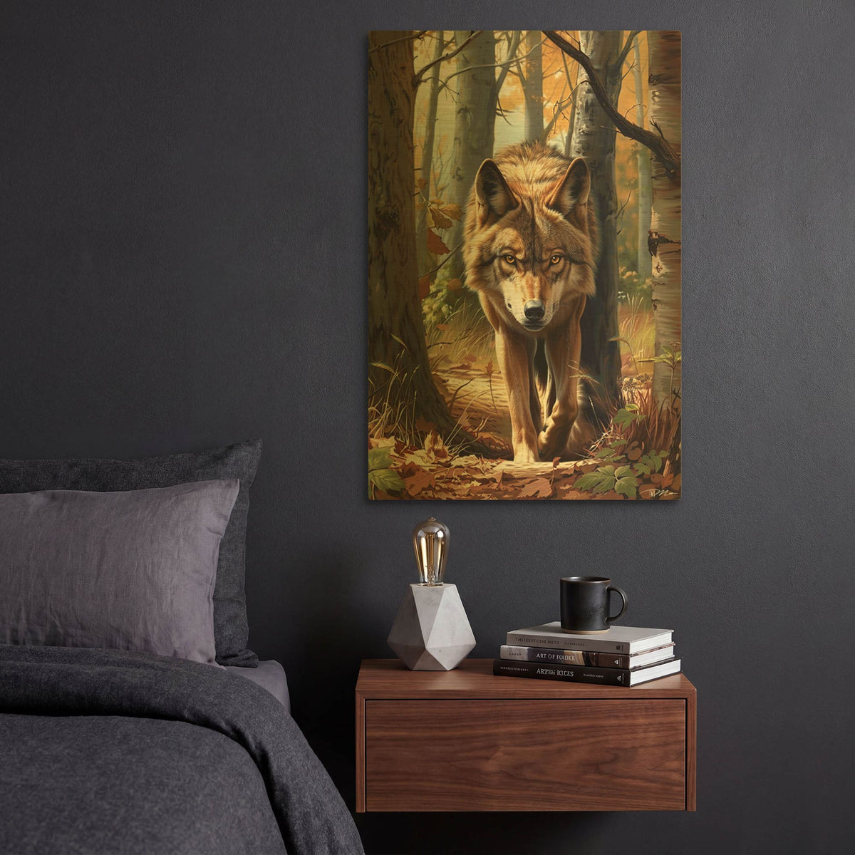 'Wolf In The Forest' By Momart Gold Metal Wall Art