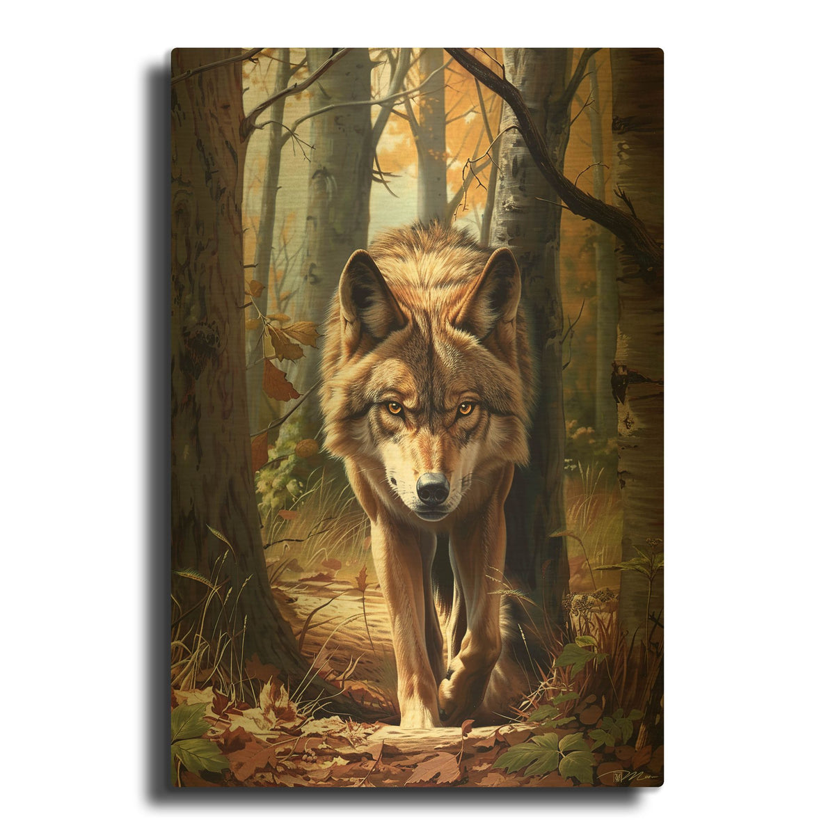'Wolf In The Forest' By Momart Gold Metal Wall Art