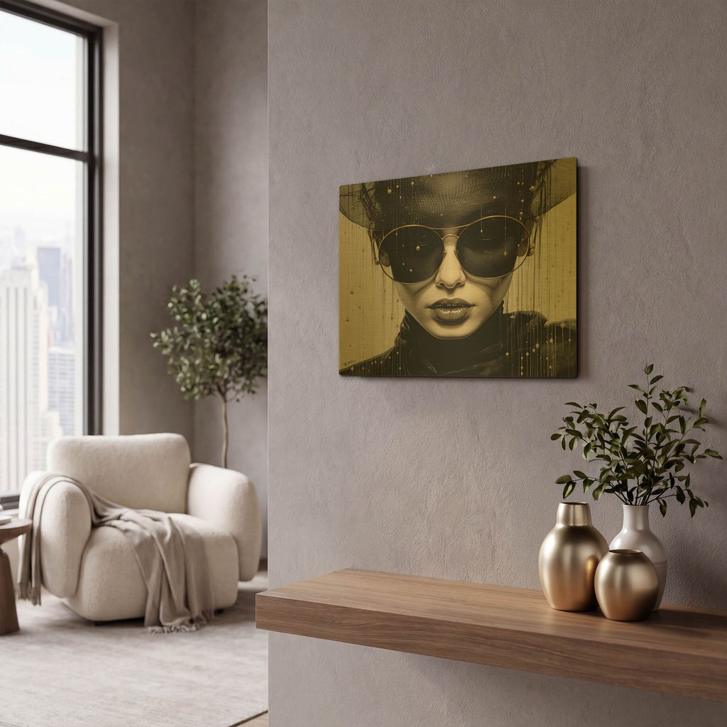 'Woman With Black And White Sunglasses 2' By Momart Gold Metal Wall Art