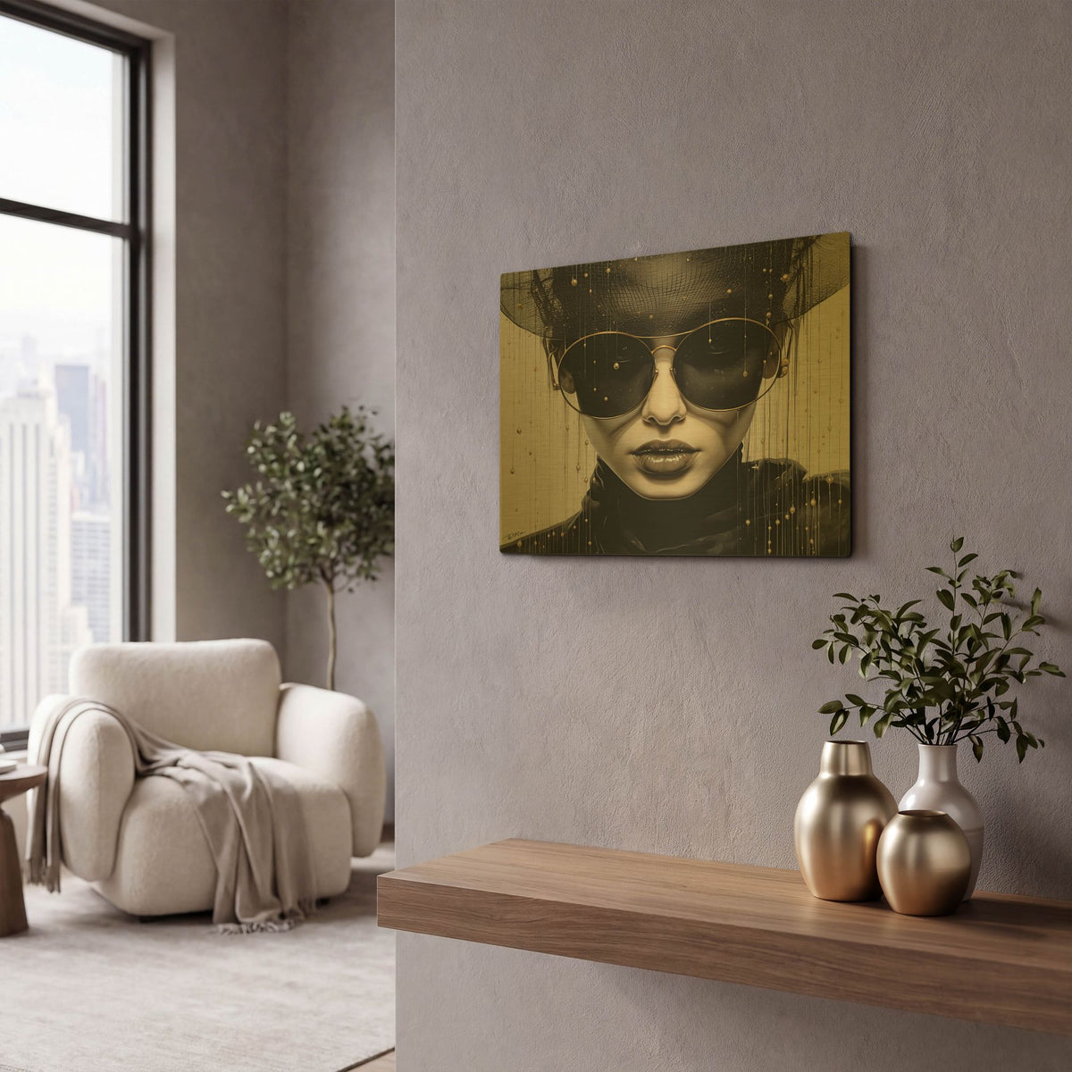'Woman With Black And White Sunglasses 2' By Momart Gold Metal Wall Art
