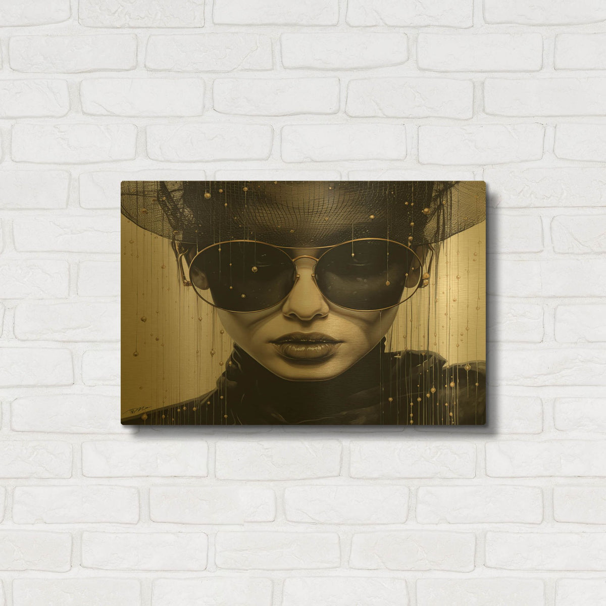 'Woman With Black And White Sunglasses 2' By Momart Gold Metal Wall Art