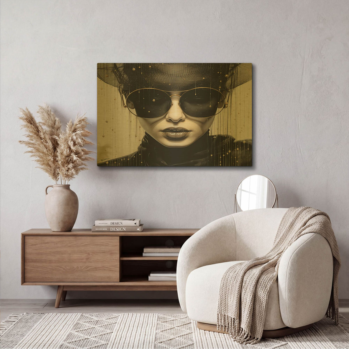 'Woman With Black And White Sunglasses 2' By Momart Gold Metal Wall Art