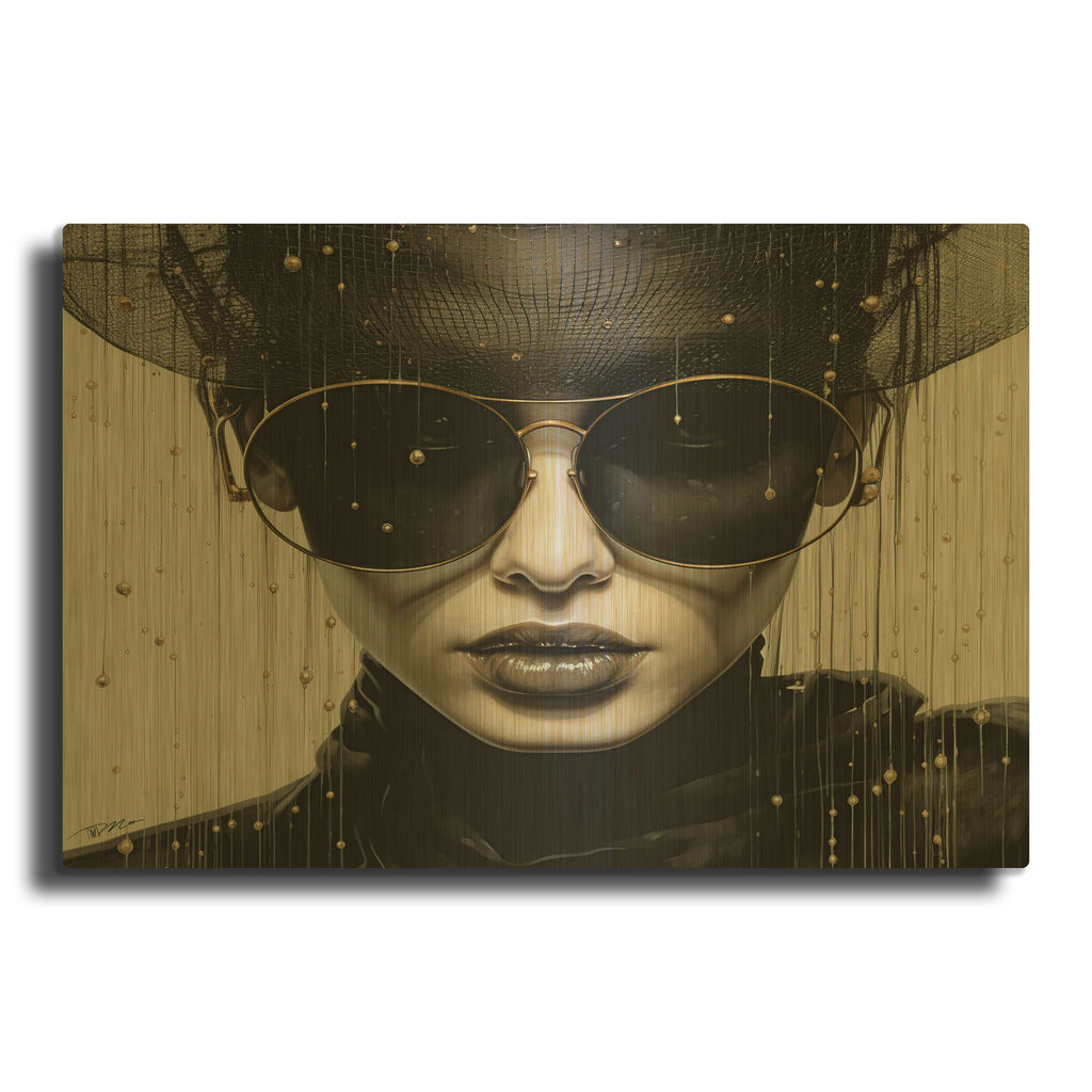 'Woman With Black And White Sunglasses 2' By Momart Gold Metal Wall Art
