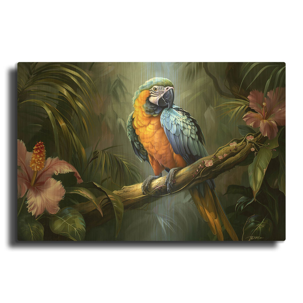 'Yellow And Blue Parrot' By Momart Gold Metal Wall Art