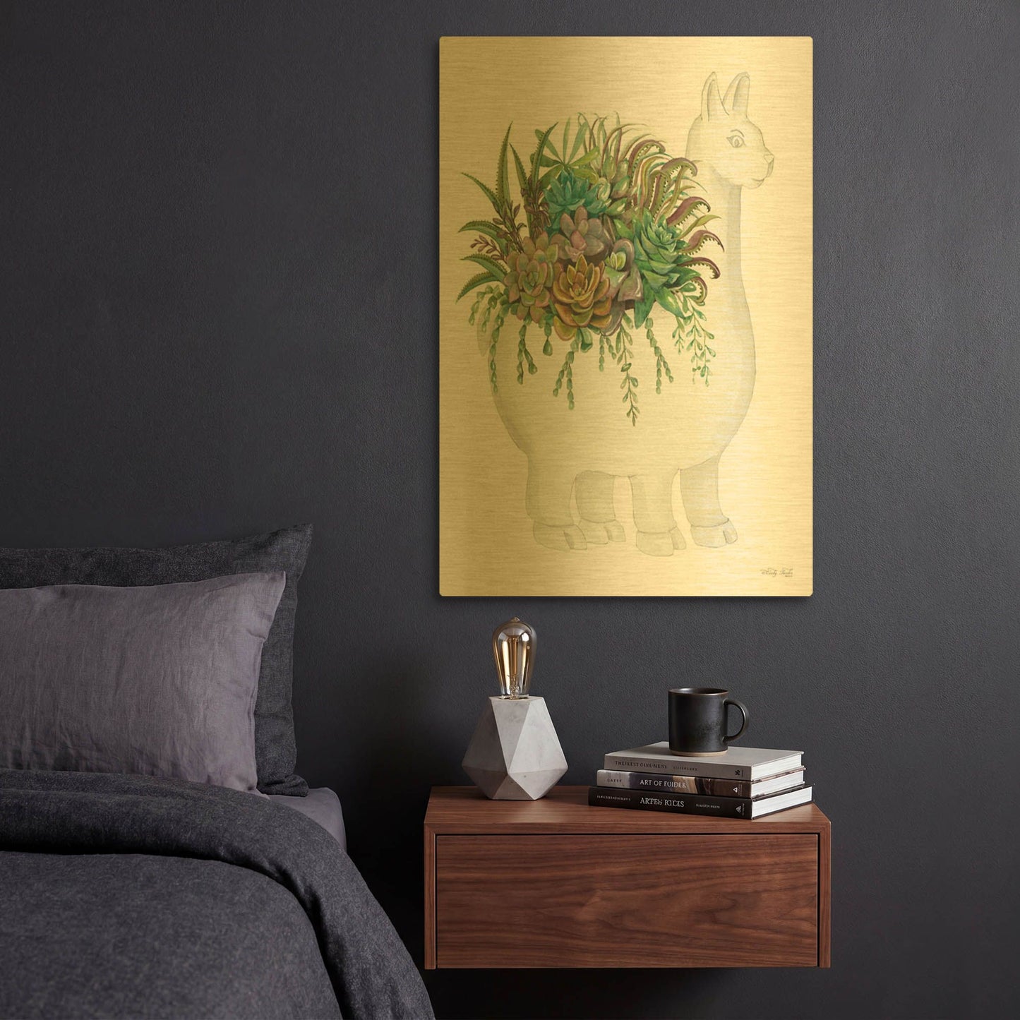 'Proud Llama Pot I' By Cindy Jacobs Gold Metal Wall Art