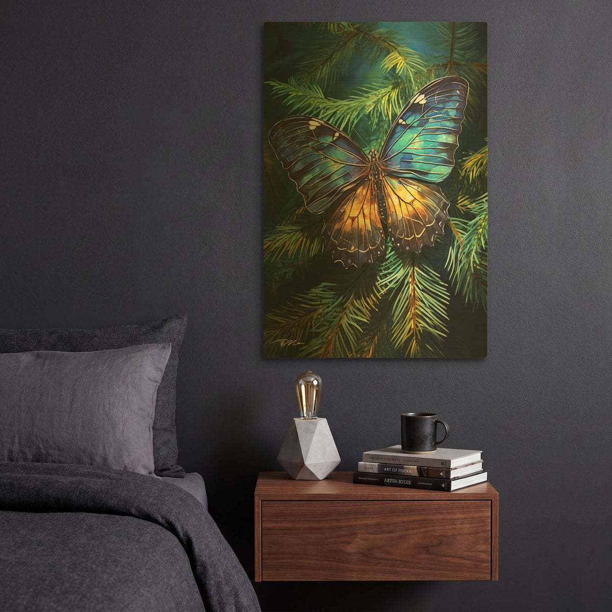 'Yellow Blue Butterfly Among Pines 1' By Momart Gold Metal Wall Art