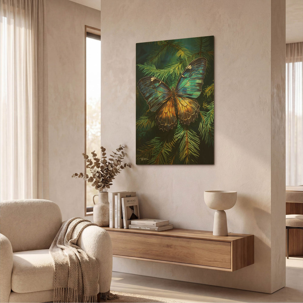 'Yellow Blue Butterfly Among Pines 1' By Momart Gold Metal Wall Art