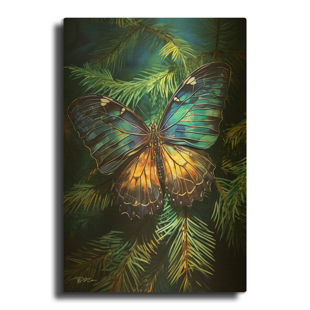 'Yellow Blue Butterfly Among Pines 1' By Momart Gold Metal Wall Art