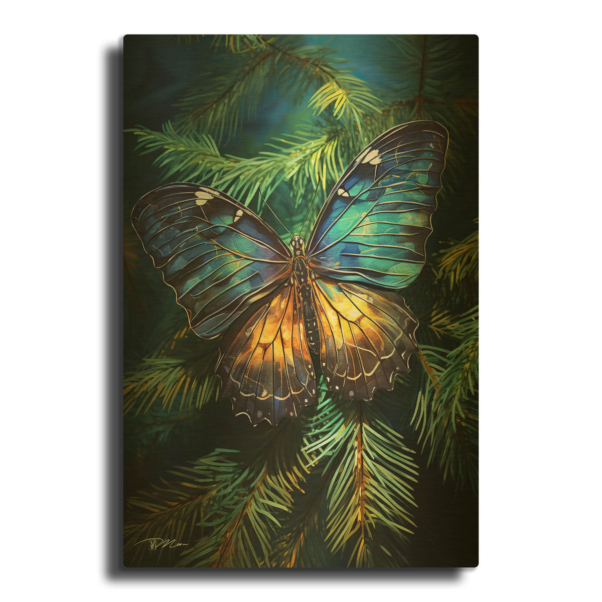 'Yellow Blue Butterfly Among Pines 1' By Momart Gold Metal Wall Art