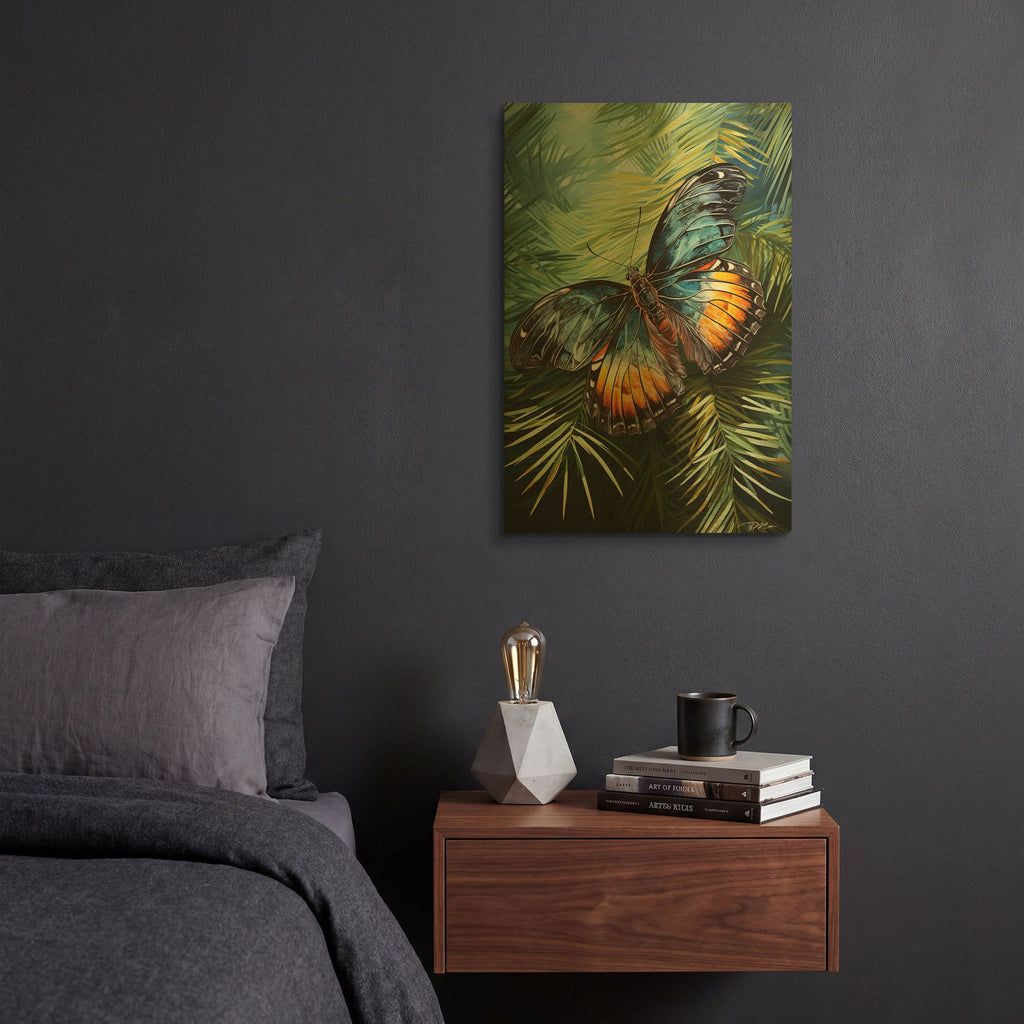 'Yellow Blue Butterfly Among Pines 2' By Momart Gold Metal Wall Art