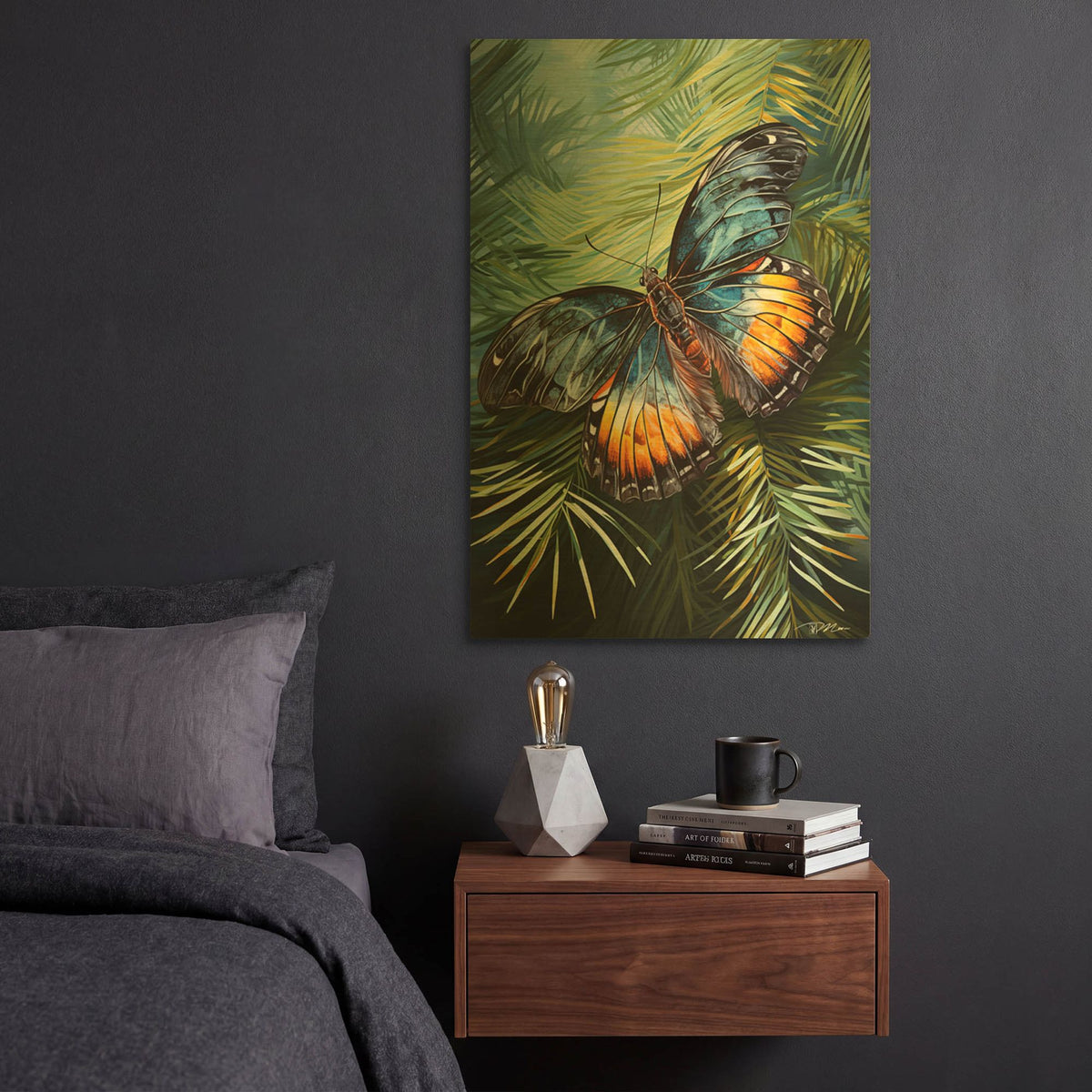 'Yellow Blue Butterfly Among Pines 2' By Momart Gold Metal Wall Art