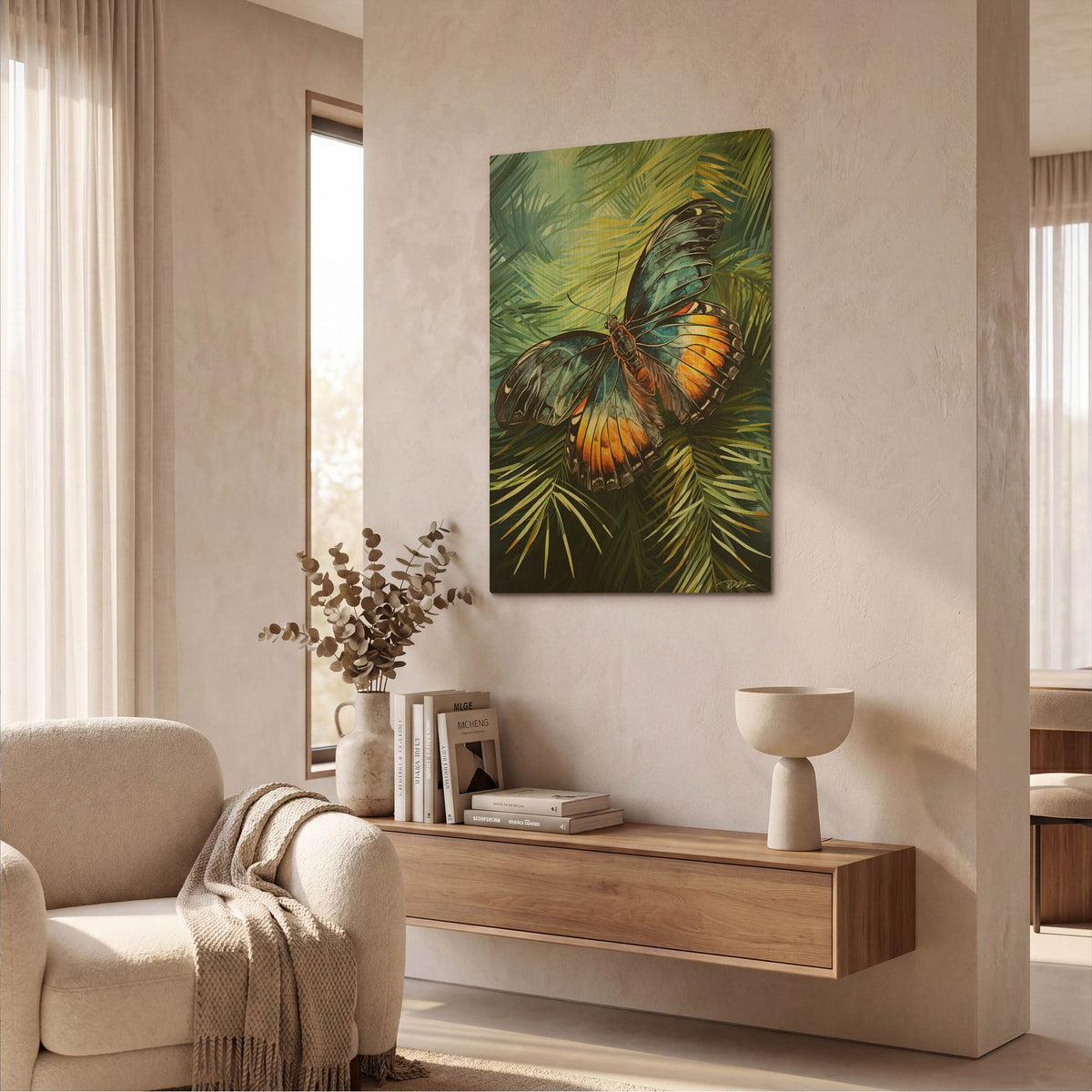'Yellow Blue Butterfly Among Pines 2' By Momart Gold Metal Wall Art