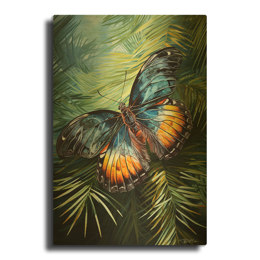 'Yellow Blue Butterfly Among Pines 2' By Momart Gold Metal Wall Art