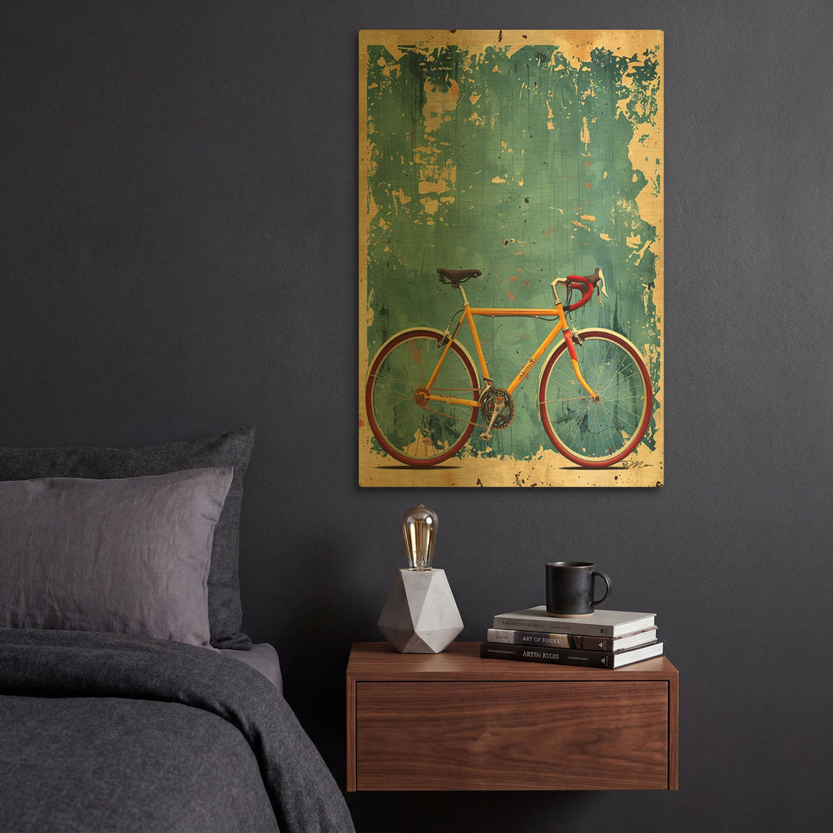 'Yellow Racing Bicycle' By Momart Gold Metal Wall Art