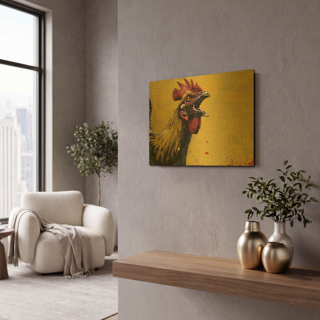 'Yellow Rooster' By Momart Gold Metal Wall Art