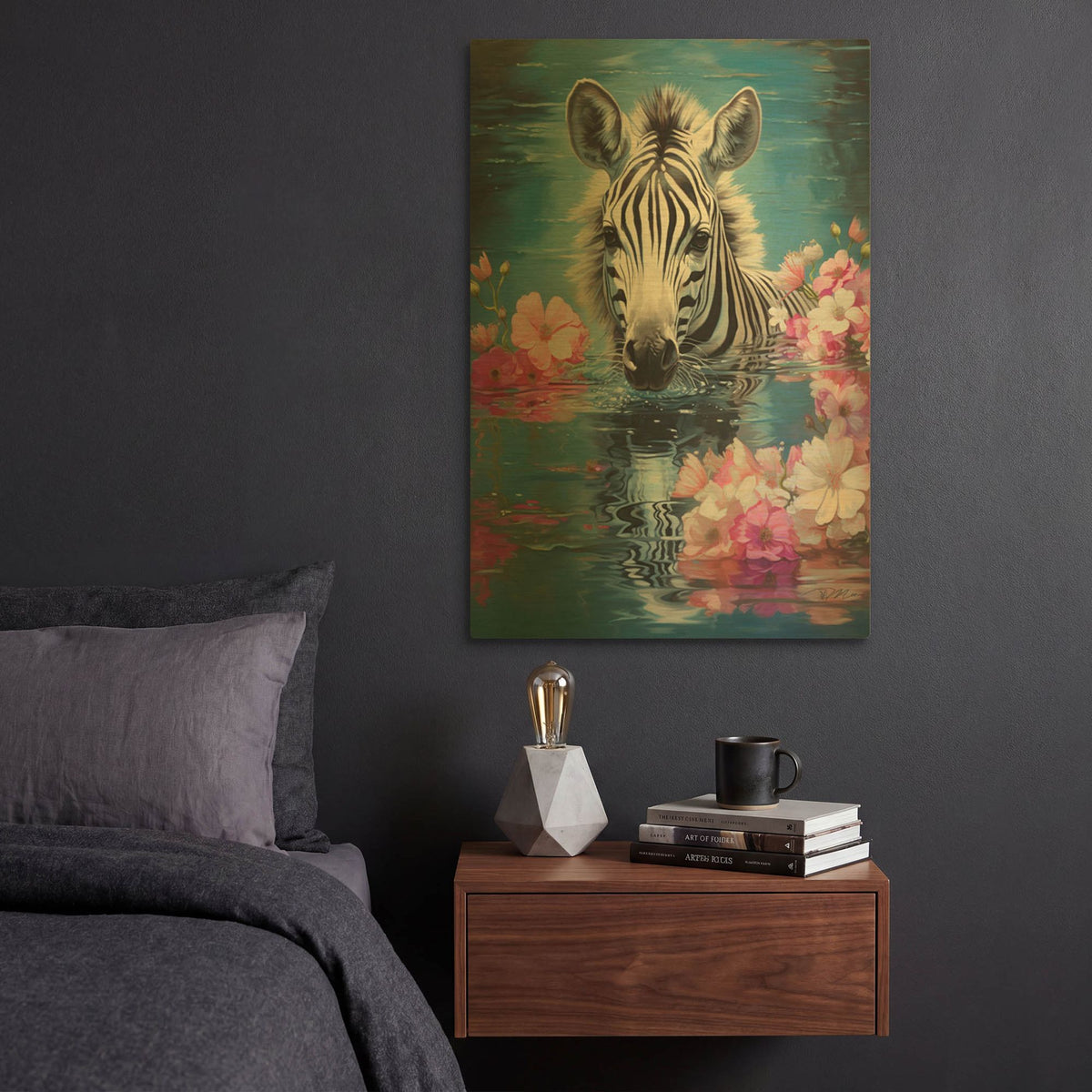 'Zebra In The Water' By Momart Gold Metal Wall Art