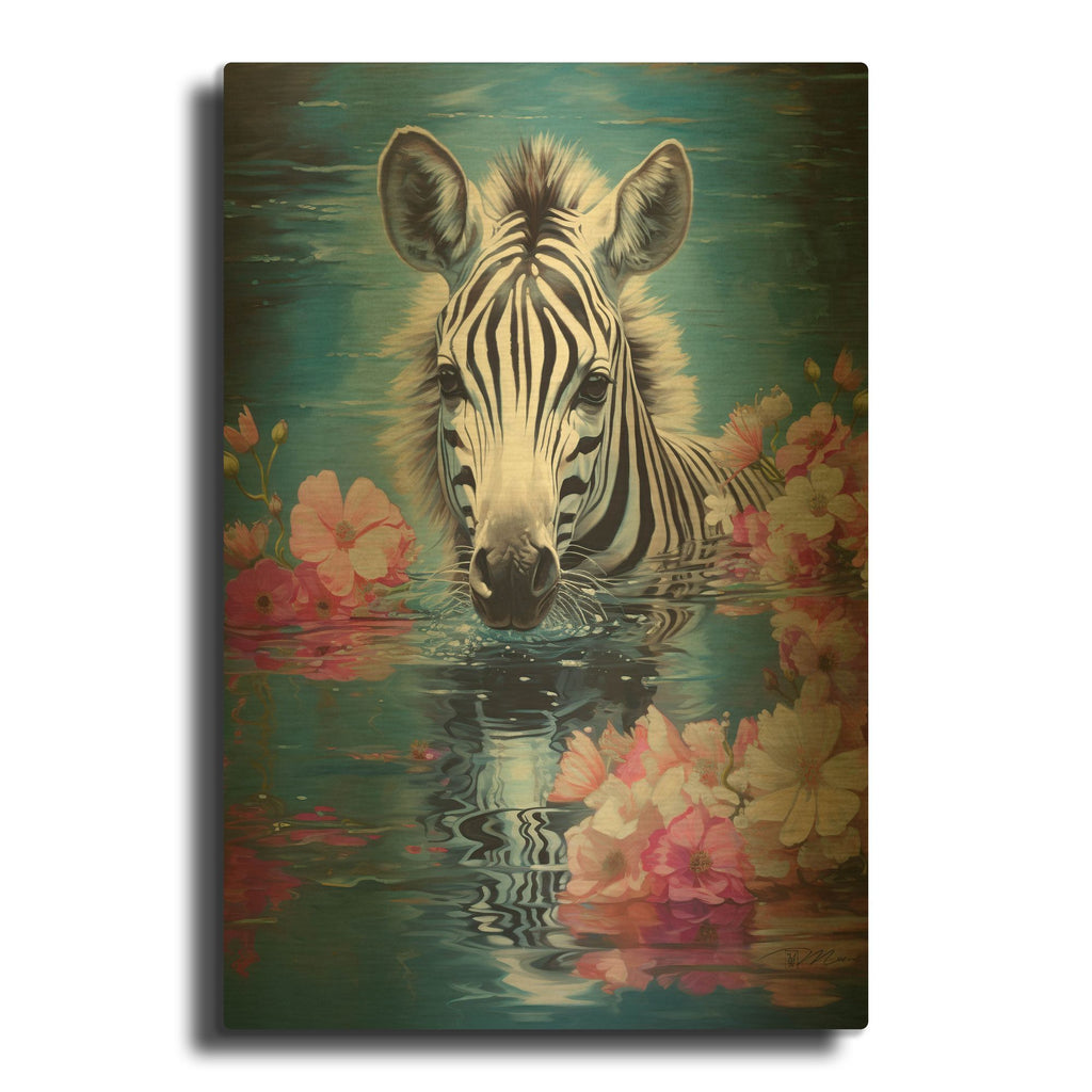 'Zebra In The Water' By Momart Gold Metal Wall Art