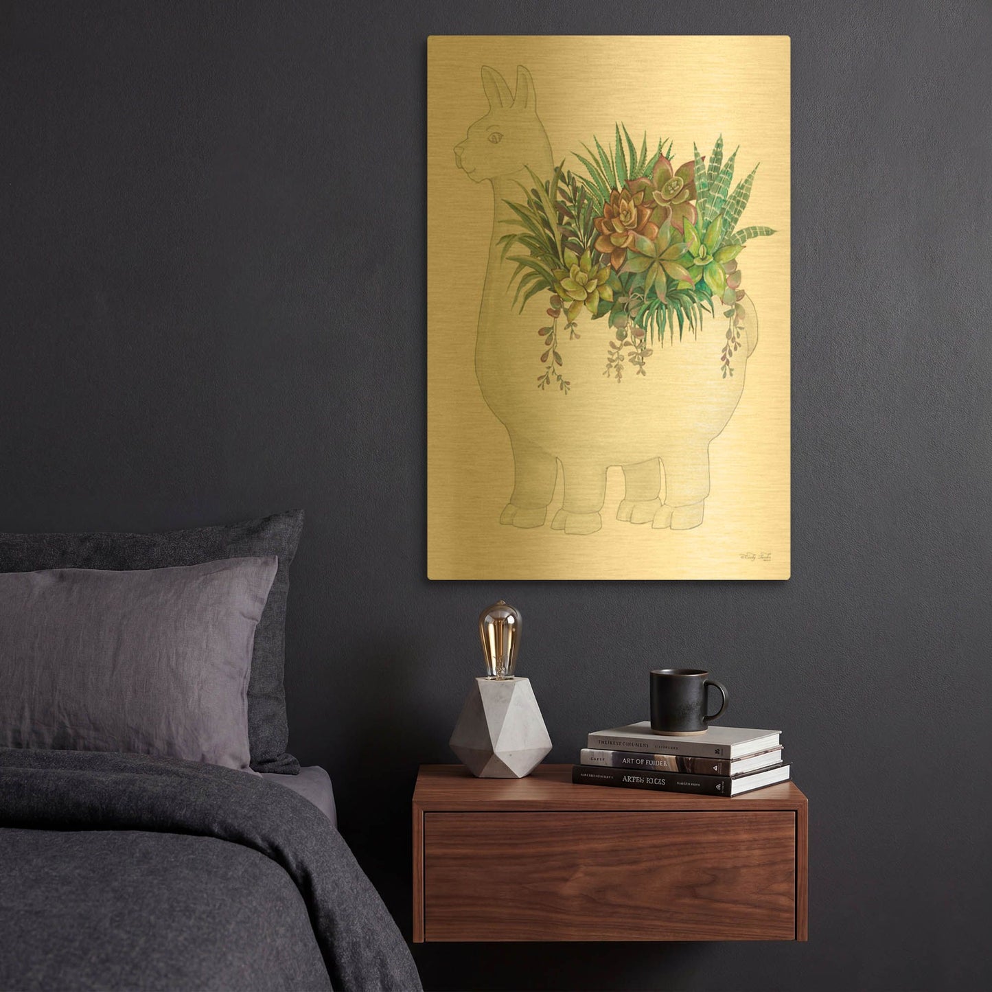 'Proud Llama Pot II' By Cindy Jacobs Gold Metal Wall Art