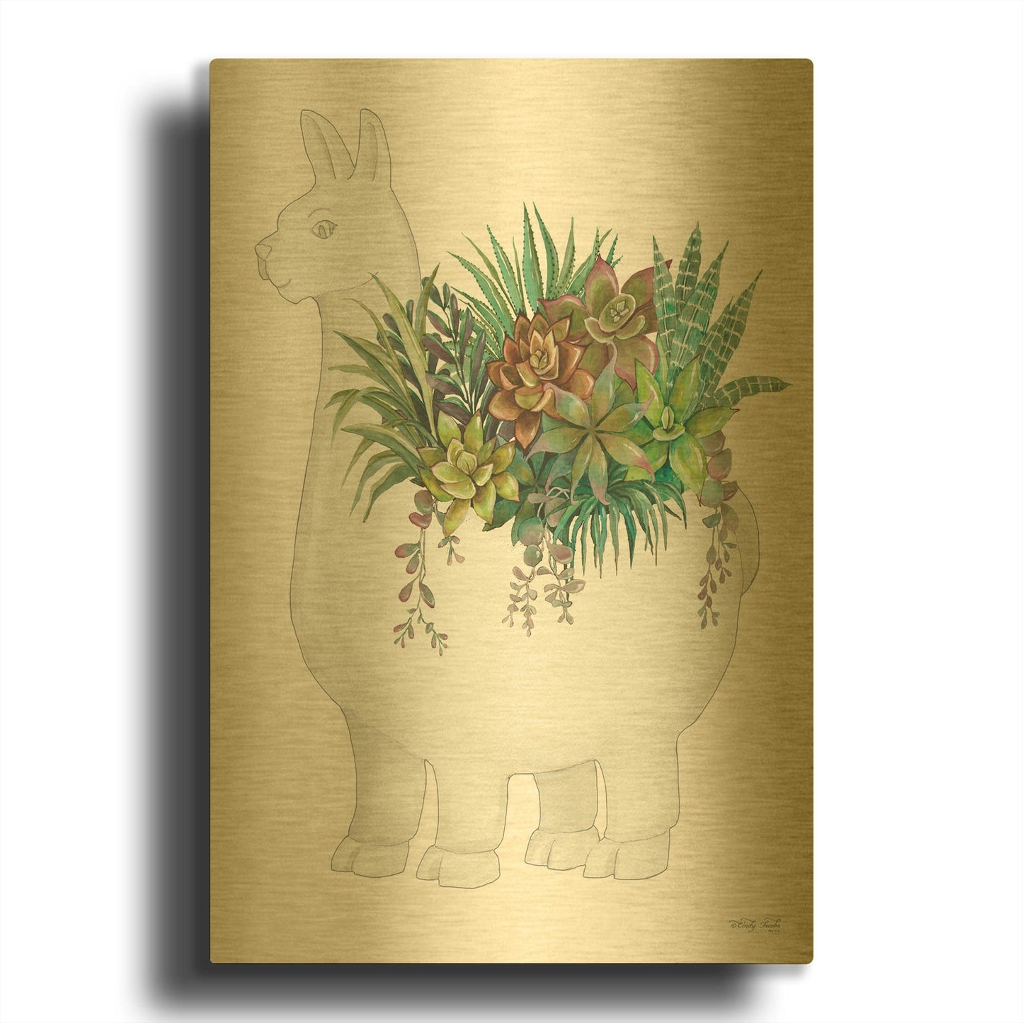 'Proud Llama Pot II' By Cindy Jacobs Gold Metal Wall Art