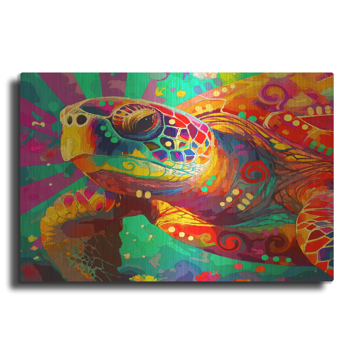 'The Surfing Sea Turtle' By Dean Russo Gold Metal Wall Art