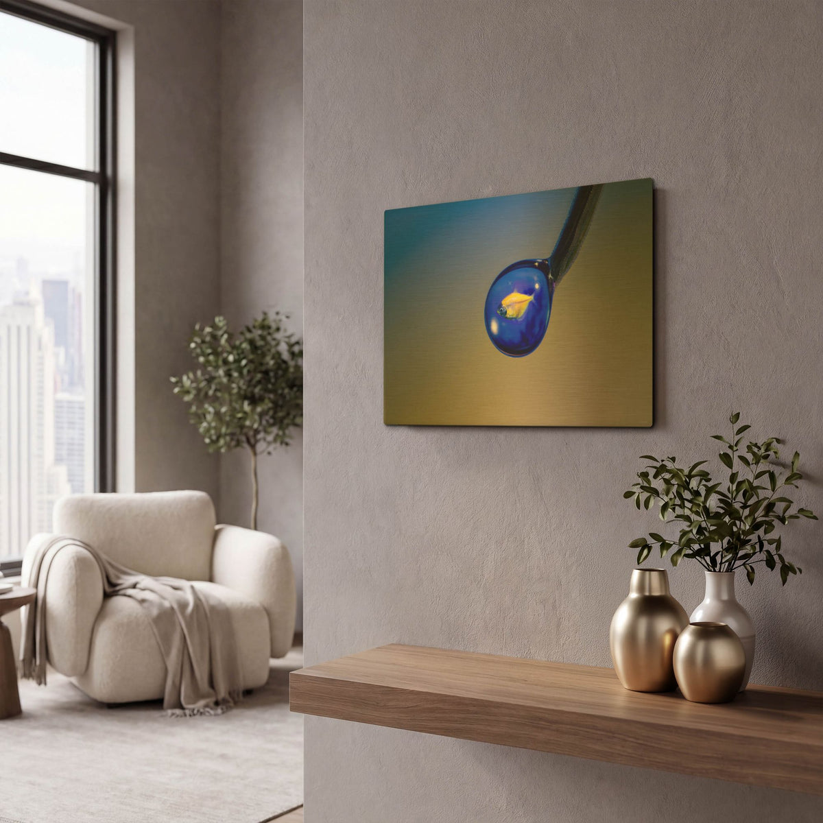 'Fish In A Drop 5' By Gordon Semmens Gold Metal Wall Art