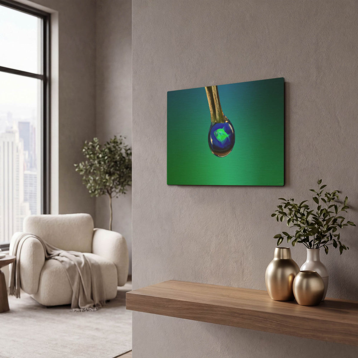 'Fish In A Drop 6' By Gordon Semmens Gold Metal Wall Art