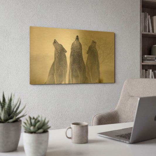 'Three Wolves Of The Mist' By Gordon Semmens Gold Metal Wall Art