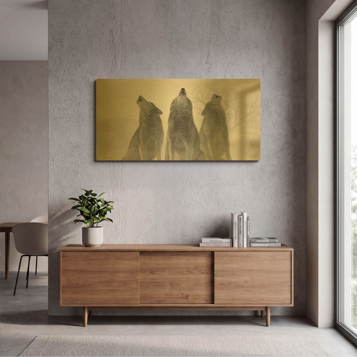 'Three Wolves Of The Mist' By Gordon Semmens Gold Metal Wall Art