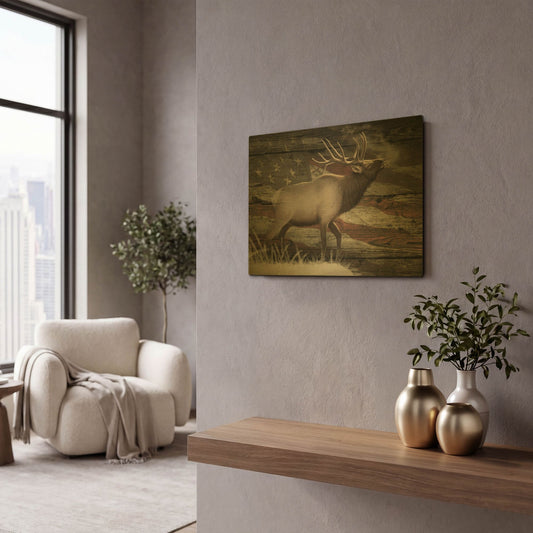 'Woodgrain Antiques American Elk' By Gordon Semmens Gold Metal Wall Art