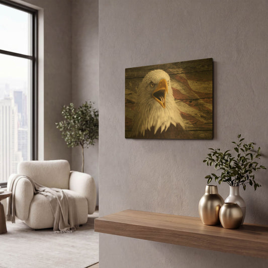 'Woodgrain Antiques Bald Eagle 3' By Gordon Semmens Gold Metal Wall Art