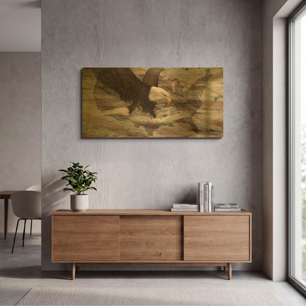 'Woodgrain Antiques Bald Eagle Usa' By Gordon Semmens Gold Metal Wall Art