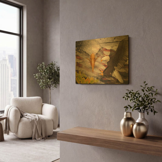 'Woodgrain Antiques Bald Eagle' By Gordon Semmens Gold Metal Wall Art