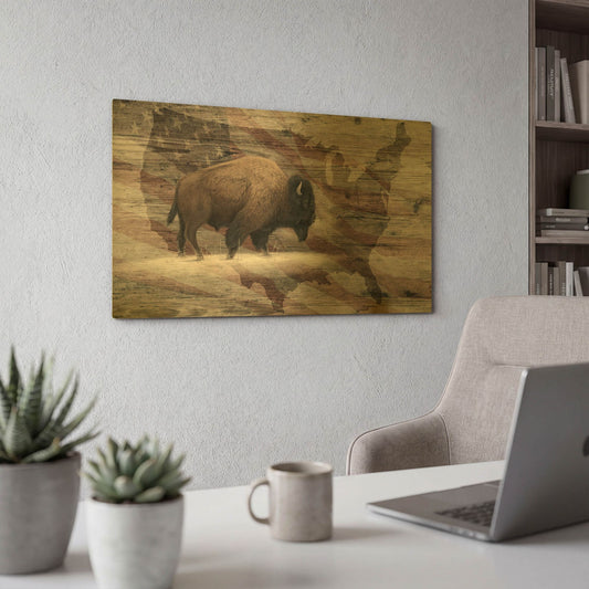 'Woodgrain Antiques Bison Usa' By Gordon Semmens Gold Metal Wall Art