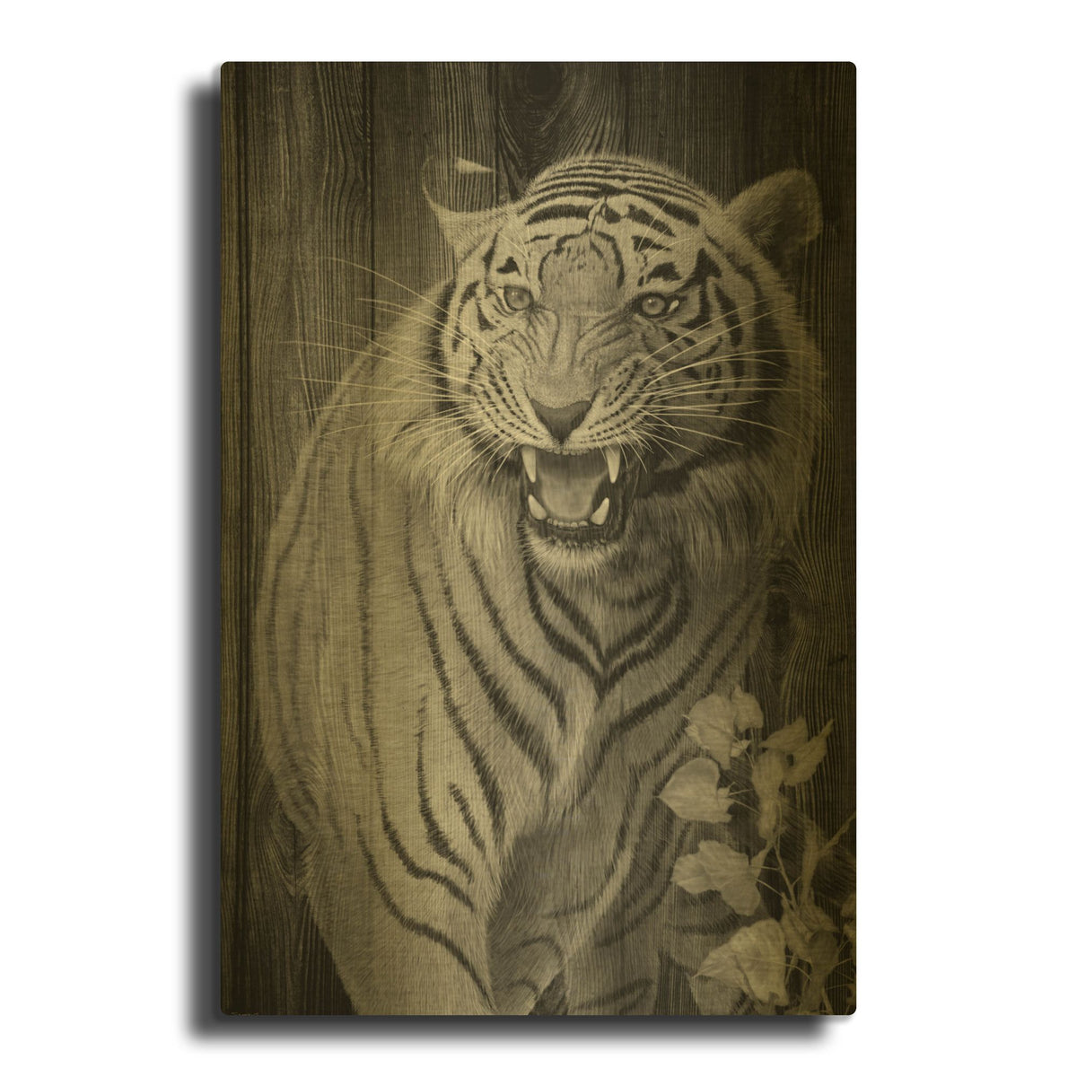 'Woodgrain Antiques Tiger 02' By Gordon Semmens Gold Metal Wall Art
