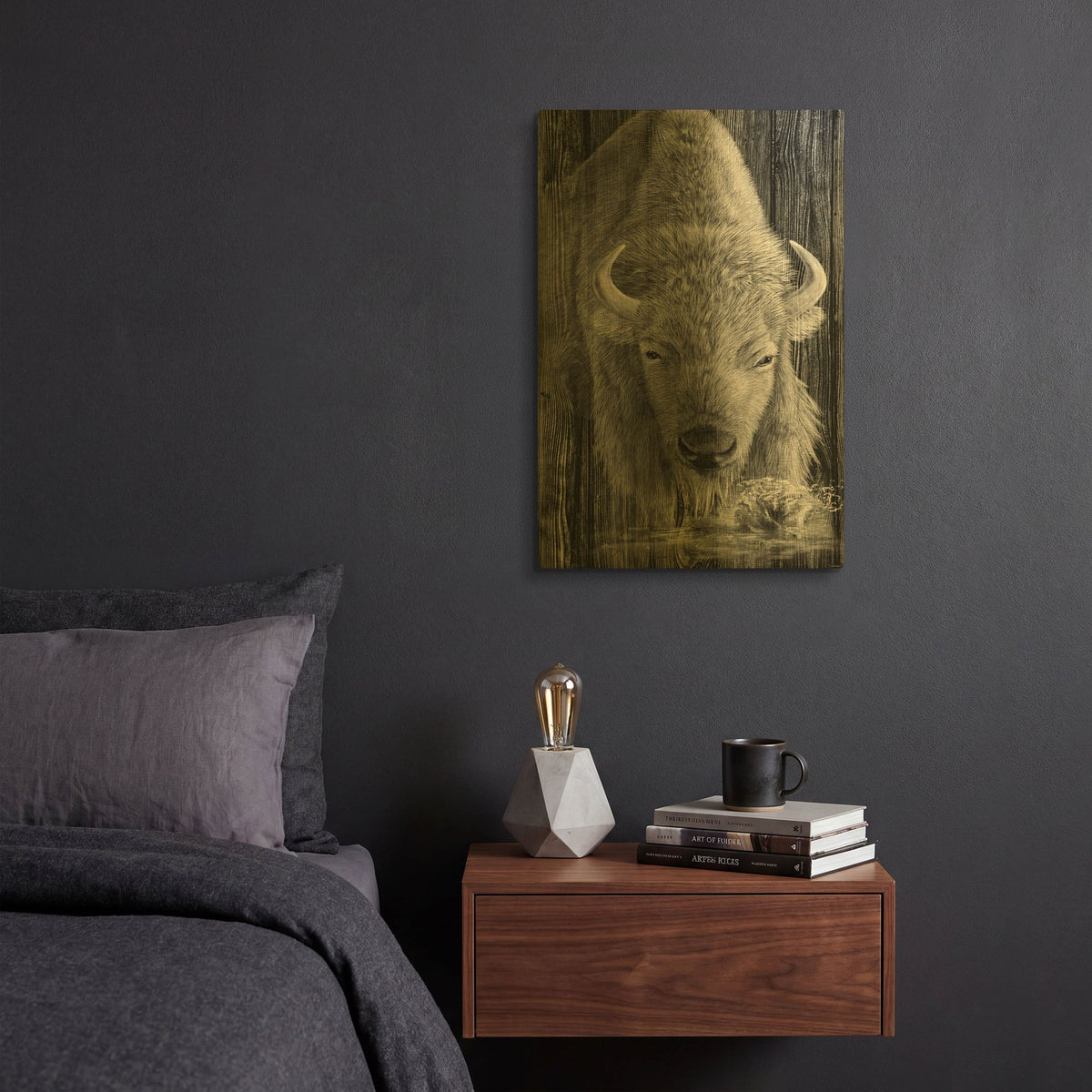 'Woodgrain Antiques White Buffalo' By Gordon Semmens Gold Metal Wall Art
