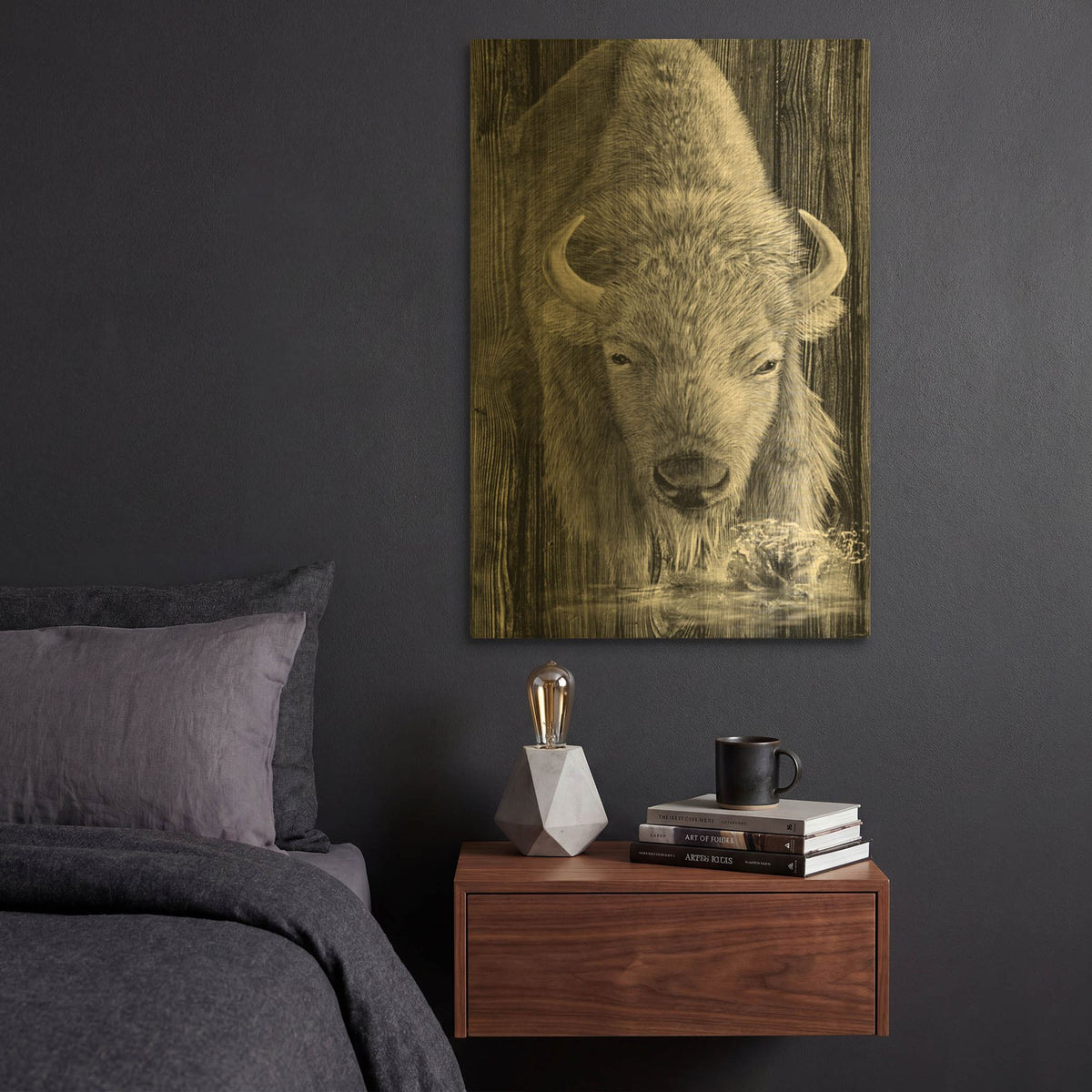 'Woodgrain Antiques White Buffalo' By Gordon Semmens Gold Metal Wall Art