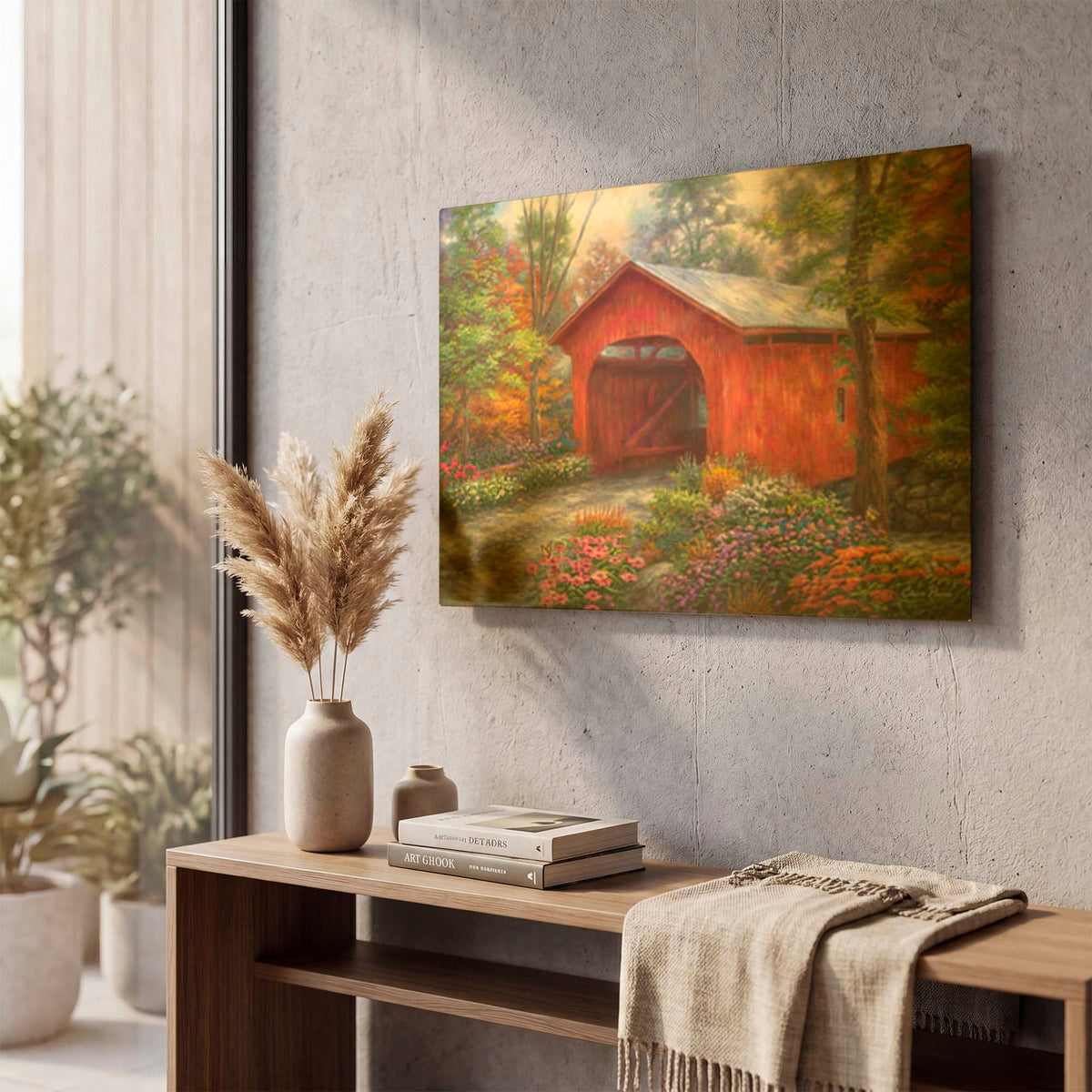 'Red Covered Bridge' By Chuck Pinson Gold Metal Wall Art