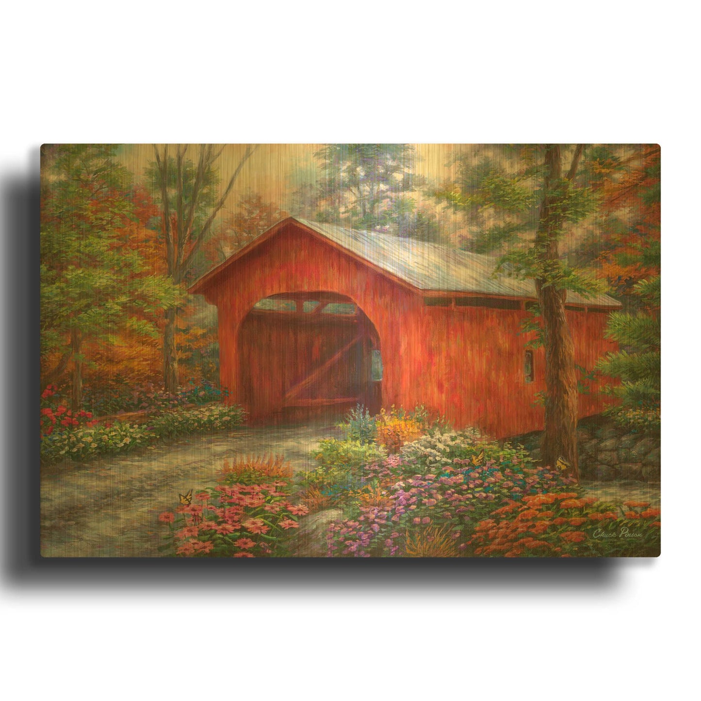 'Red Covered Bridge' By Chuck Pinson Gold Metal Wall Art