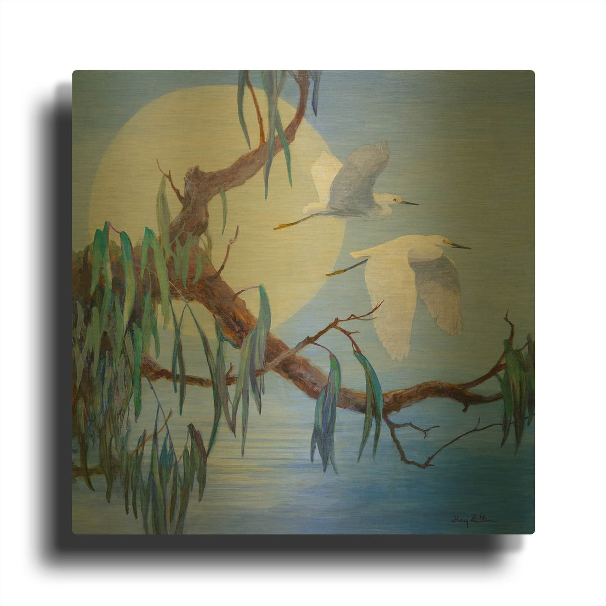 'Egret Pair in Flight' By Floy Zittin Gold Metal Wall Art