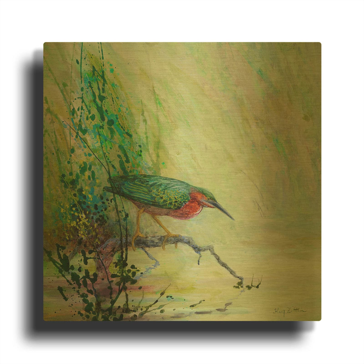 'Green Heron on the Hunt' By Floy Zittin Gold Metal Wall Art
