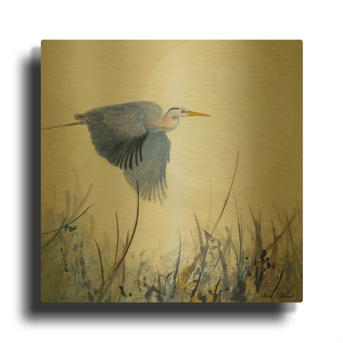'Soaring Heron' By Floy Zittin Gold Metal Wall Art
