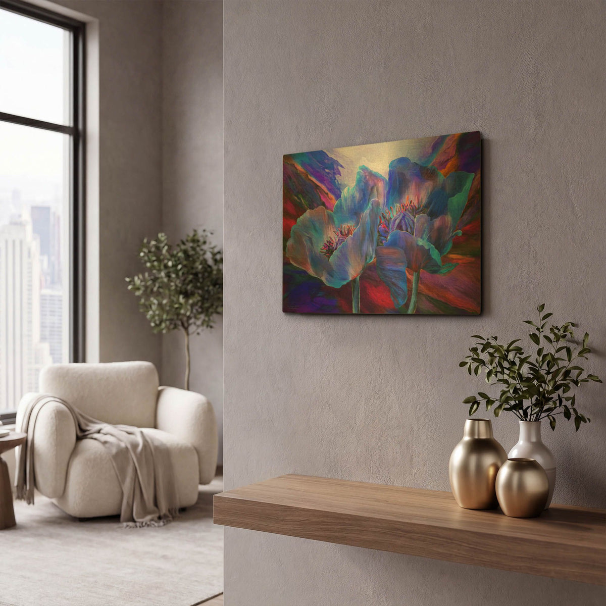 'Blue Poppies On Red' By Carol Cavalaris Gold Metal Wall Art