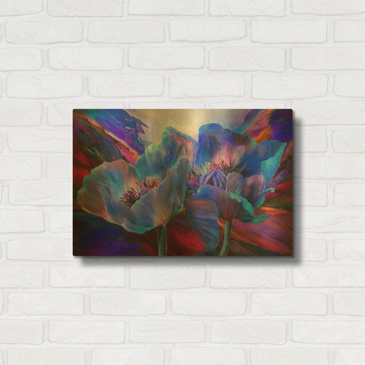 'Blue Poppies On Red' By Carol Cavalaris Gold Metal Wall Art