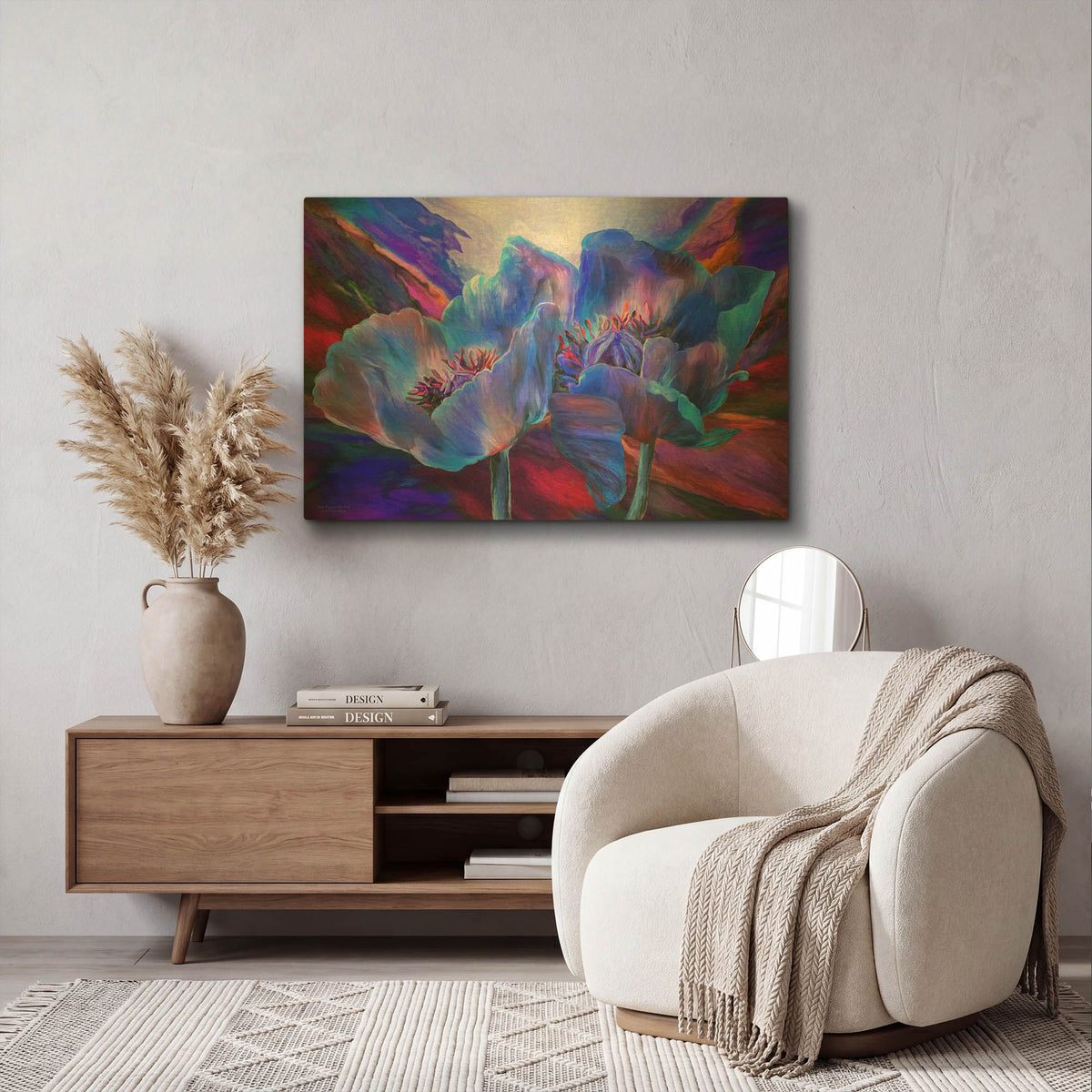 'Blue Poppies On Red' By Carol Cavalaris Gold Metal Wall Art