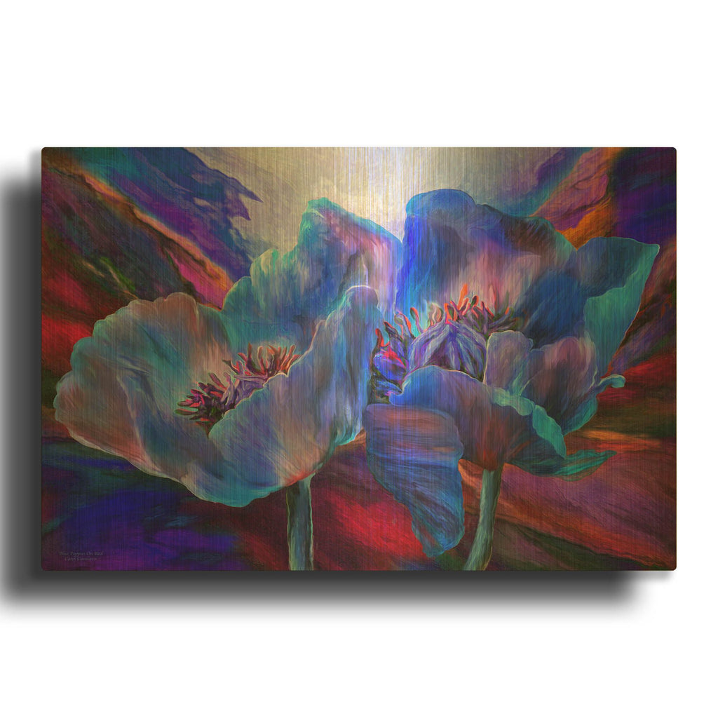 'Blue Poppies On Red' By Carol Cavalaris Gold Metal Wall Art