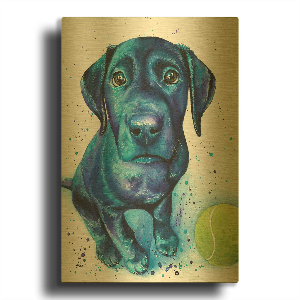 'Ball Is Life Black Lab Puppy' By Lindsay Kivi Gold Metal Wall Art